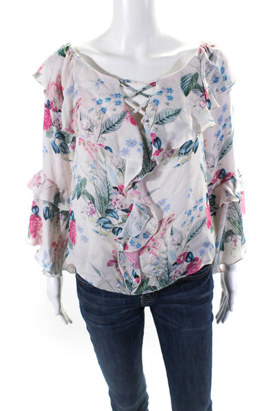 Parker Womens Off Shoulder Long Sleeve Floral Ruffle Top Blouse Pink Blue XS