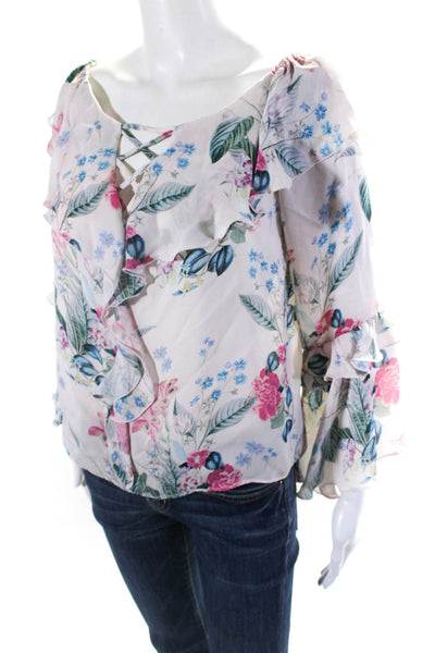 Parker Womens Off Shoulder Long Sleeve Floral Ruffle Top Blouse Pink Blue XS