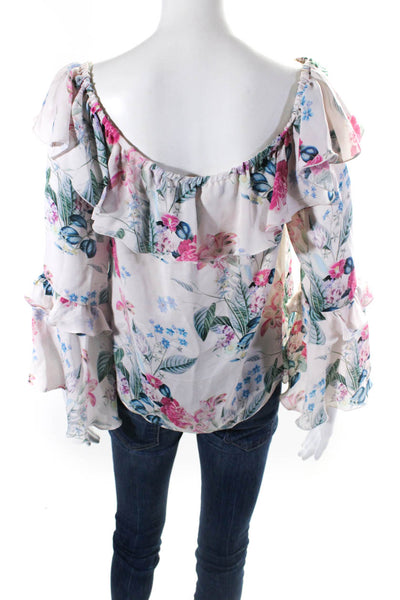 Parker Womens Off Shoulder Long Sleeve Floral Ruffle Top Blouse Pink Blue XS