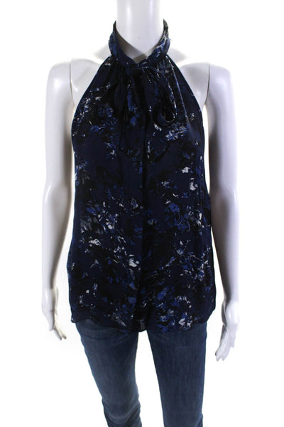 Parker Womens Abstract Tie Neck Halter Top Blouse Navy Blue Silk Size Small