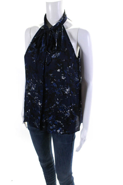 Parker Womens Abstract Tie Neck Halter Top Blouse Navy Blue Silk Size Small