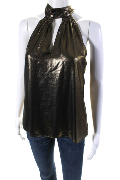 Ramy Brook Womens Metallic Keyhole Halter Sleeveless Top Blouse Gold Size XS