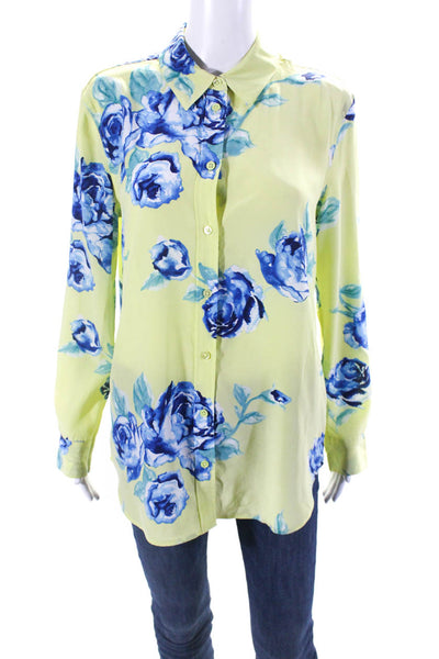 Equipment Femme Womens Floral Button Up Top Blouse Blue Green Size XS