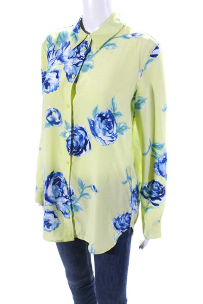 Equipment Femme Womens Floral Button Up Top Blouse Blue Green Size XS