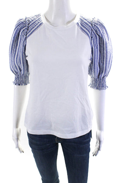 Veronica Beard Jeans Womens Striped Sleeves Shirt White Blue Size Extra Small
