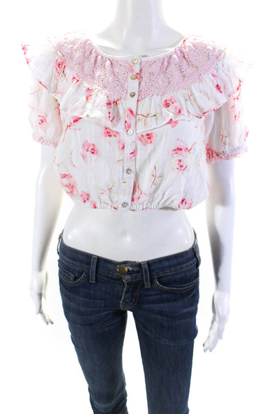 Love Shack Fancy Womens Floral Print Cropped Blouse White Pink Size Small