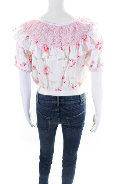 Love Shack Fancy Womens Floral Print Cropped Blouse White Pink Size Small