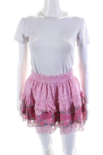 Love Shack Fancy Womens Floral Print Eyelet Mini Skirt Pink Cotton Size Small