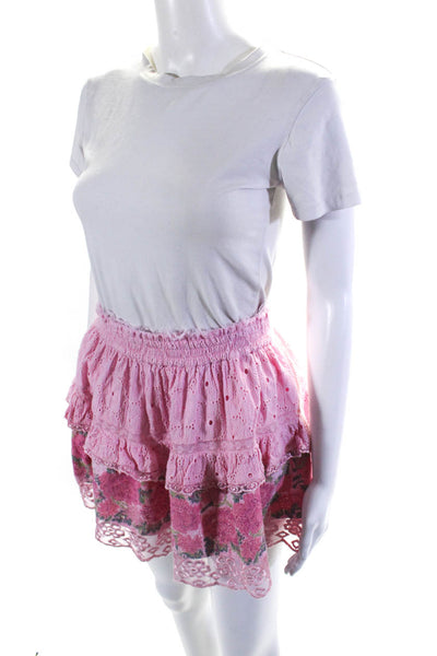 Love Shack Fancy Womens Floral Print Eyelet Mini Skirt Pink Cotton Size Small