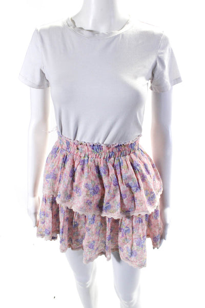 Love Shack Fancy Womens Floral Print Tiered Skirt Pink Cotton Size Medium