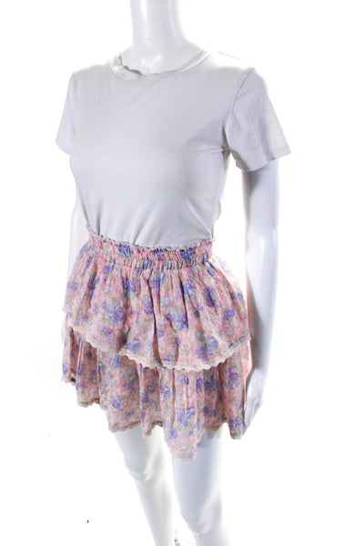 Love Shack Fancy Womens Floral Print Tiered Skirt Pink Cotton Size Medium