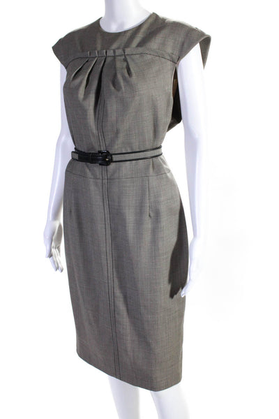 Carolina Herrera Womens Brown Wool Printed Belt Sleeveless Shift Dress Size 12