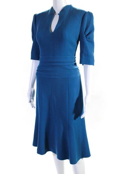 Carolina Herrera Womens Blue Textured V-Neck Short Sleeve Shift Dress Size 10