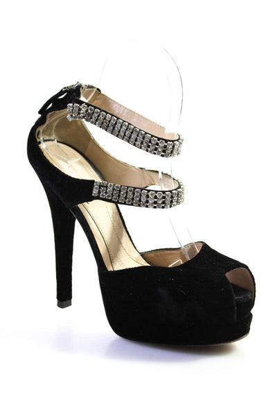Fendi Womens Velvet Jeweled Ankle Strap Sandal Heels Black Size 37.5 7.5
