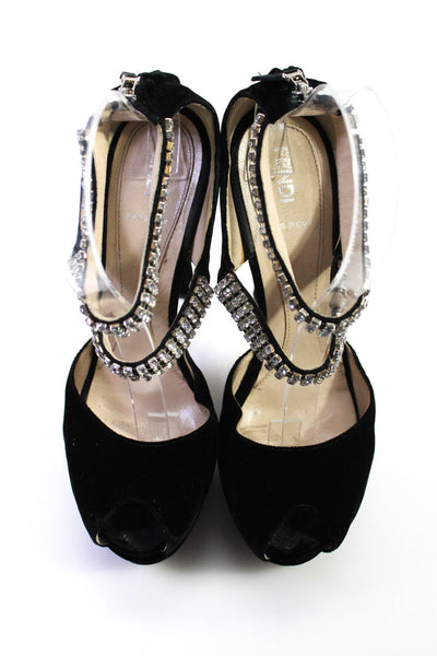 Fendi Womens Velvet Jeweled Ankle Strap Sandal Heels Black Size 37.5 7.5