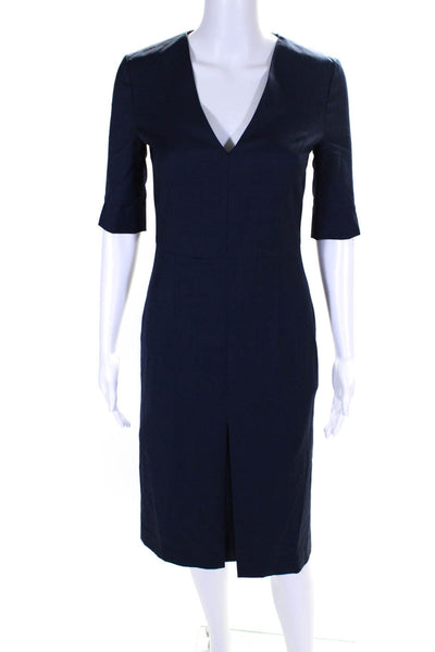 Boss Hugo Boss Womens Navy Wool Printed V-Neck Short Sleeve Shift Dress Size 0