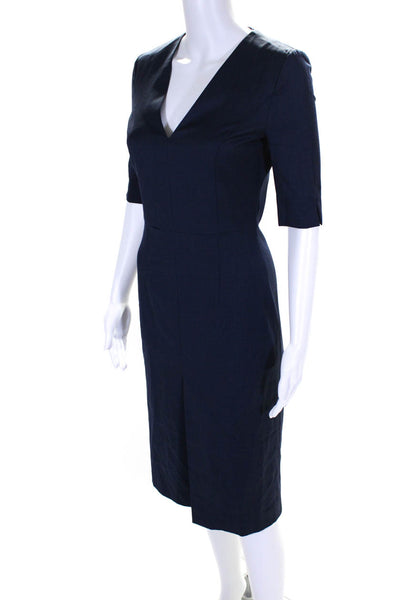 Boss Hugo Boss Womens Navy Wool Printed V-Neck Short Sleeve Shift Dress Size 0