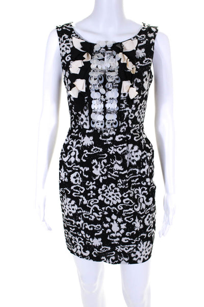 Nanette Lepore Womens Black White Printed Beaded V-Neck Shift Dress Size 2