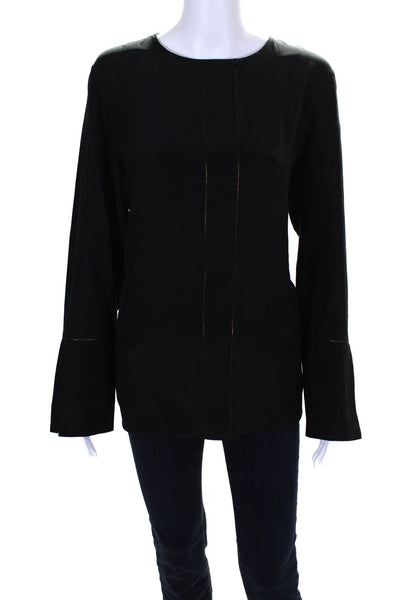 Lafayette 148 New York Womens Black Silk Crew Neck Long Sleeve Blouse Top Size L