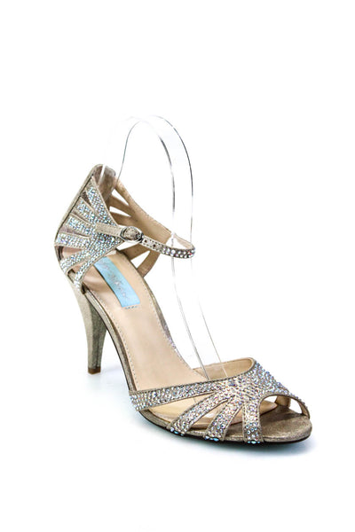 Betsey Johnson Womens Beige Crystal Embellished Heels Sandals Shoes Size 7.5B