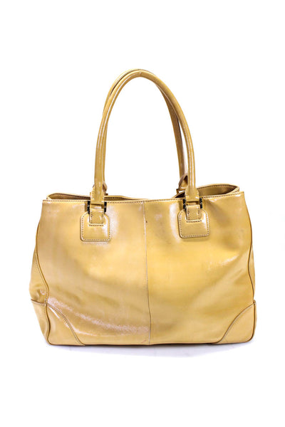 Tory Burch Womens Patent Leather Gold Tone Tote Shoulder Handbag Beige