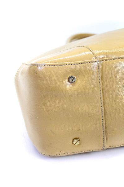 Tory Burch Womens Patent Leather Gold Tone Tote Shoulder Handbag Beige