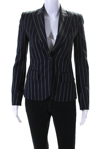 Theory Womens Wool Striped Print Long Sleeve 1 Button Blazer Jacket Blue Size 0