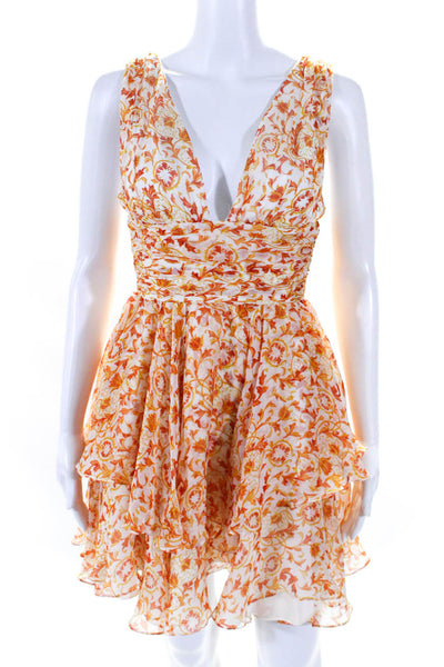 Caroline Constas Womens Floral Chiffon V Neck Mini A Line Dress Orange White XS