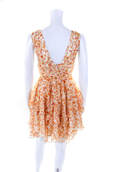 Caroline Constas Womens Floral Chiffon V Neck Mini A Line Dress Orange White XS
