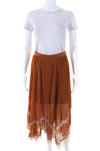 Jonathan Simkhai Womens Lace Trim Pleated Chiffon Midi A Line Skirt Brown Size 2