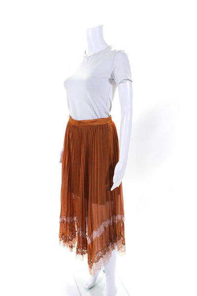 Jonathan Simkhai Womens Lace Trim Pleated Chiffon Midi A Line Skirt Brown Size 2