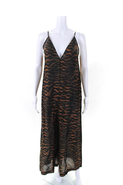 The Upside Womens Spaghetti Strap V Neck Animal Print Wide Jumpsuit Brown Size 4