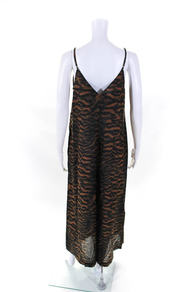 The Upside Womens Spaghetti Strap V Neck Animal Print Wide Jumpsuit Brown Size 4