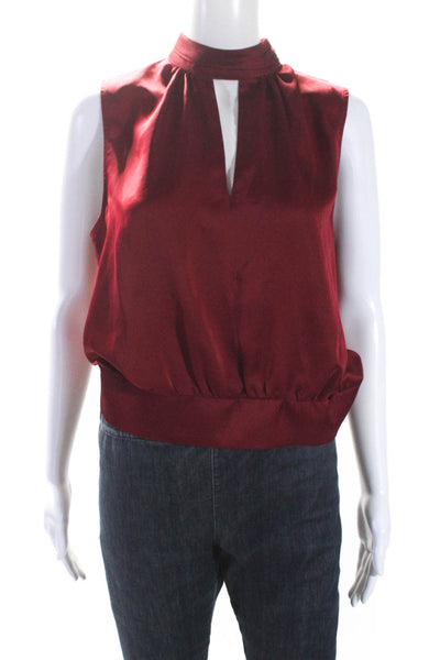 Milly Womens Red Satin Peep Chest Zip Back High Neck Sleeveless Blouse Top SizeM