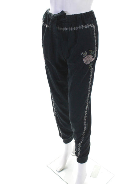 Sundance Womens Black Cotton Floral Embroidered Drawstring Sweatpants Size XS