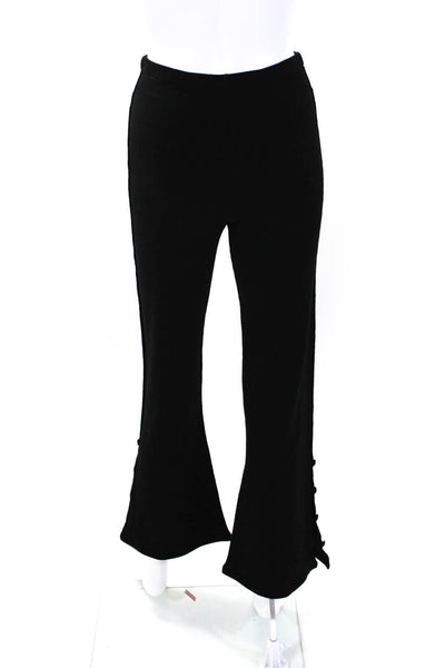 Minnie Rose Womens Elastic Waistband Button Trim Flare Leg Pants Black Small