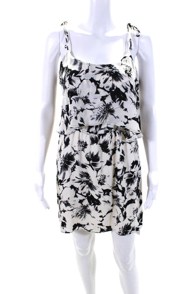 Parker Womens Silk Floral Print Sleeveless A Line Dress White Black Size Small