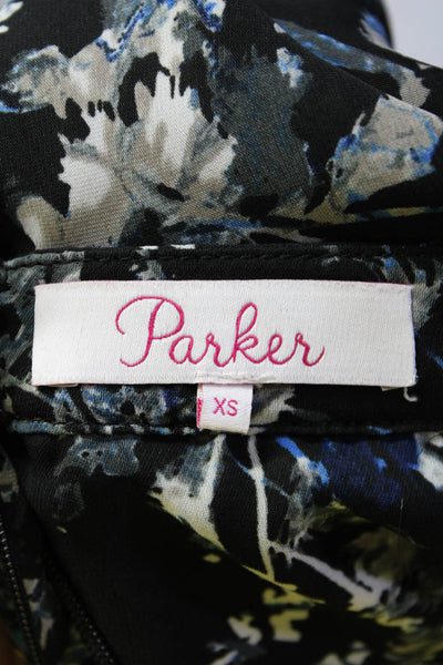 Parker Womens Floral Print Sleeveless A Line Dress Black Size Extra Small