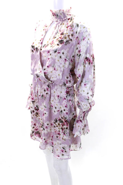 Parker Womens Silk Floral Print Long Sleeves A Line Dress Pink Size Small