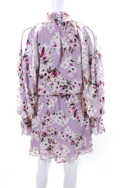 Parker Womens Silk Floral Print Long Sleeves A Line Dress Pink Size Small