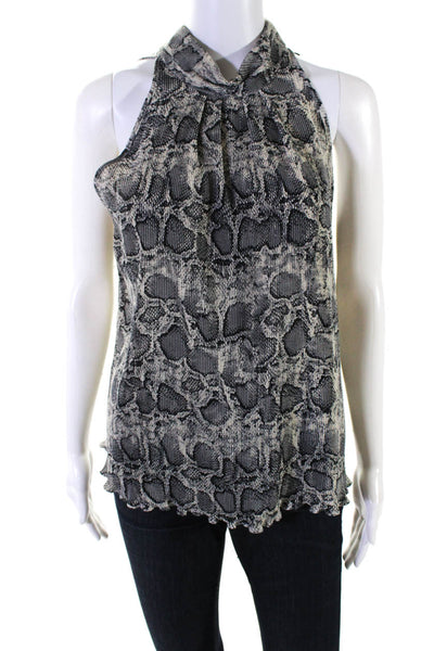 Sen Womens Snakeskin Print Pleated High Neck Sleeveless Top White Gray Size XS