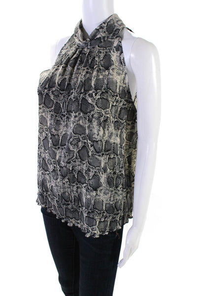 Sen Womens Snakeskin Print Pleated High Neck Sleeveless Top White Gray Size XS