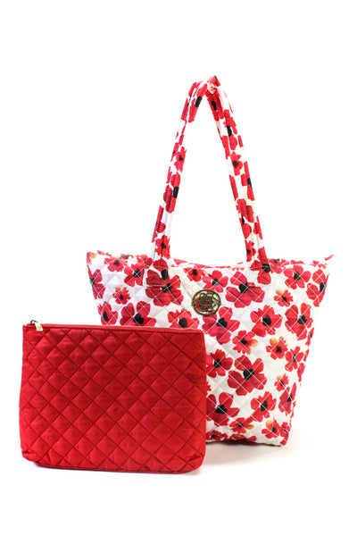 Nanette Lepore Womens Quilted Satin Floral Tote Shoulder Bag Handbag White Red