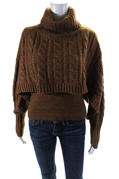 DH New York Womens Cable Knit Turtleneck Sweater Brown Wool Size Small