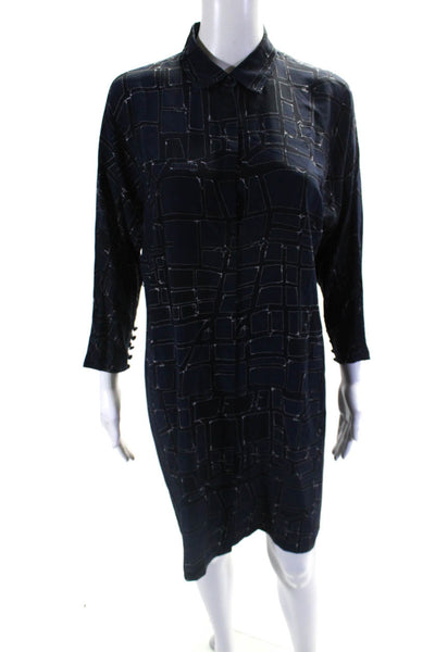 Max Mara Womens Silk Georgette Geometric Print Collared Tunic Dress Blue Size 2