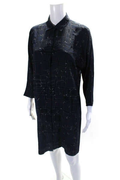 Max Mara Womens Silk Georgette Geometric Print Collared Tunic Dress Blue Size 2