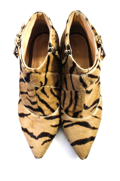 Chloe Gosselin Womens Ponyhair Tiger Print Pointed Toe Booties Brown Size 9.5US