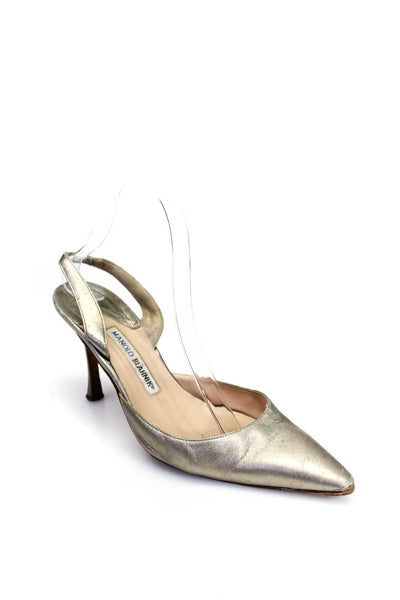 Manolo Blahnik Womens Metallic Ruche Slingbacks Stiletto Heels Gold Size EUR39.5