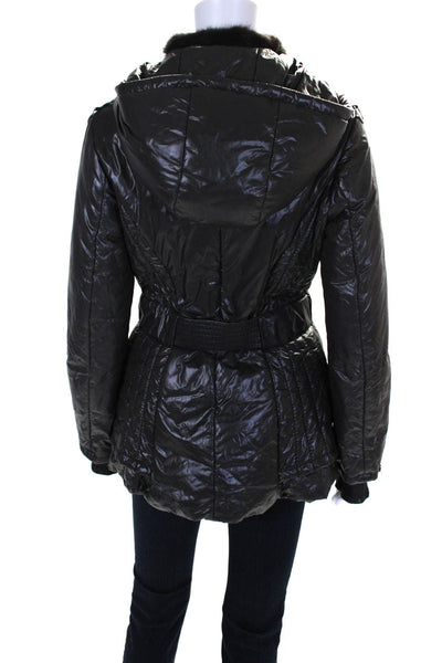 Visconf Womens  Belt Buckled Hooded Zip Long Sleeve Puffer Coat Black Size EUR42