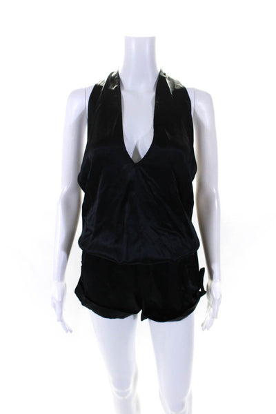 Alexis Womens Open Back Halter V Neck Cuffed Silk Romper Black Size Extra Small